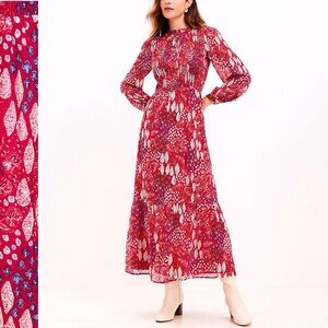 LOFT Ann Taylor Chiffon Maxi Dress Tiered Smocked Bodice Red Floral Print Lined